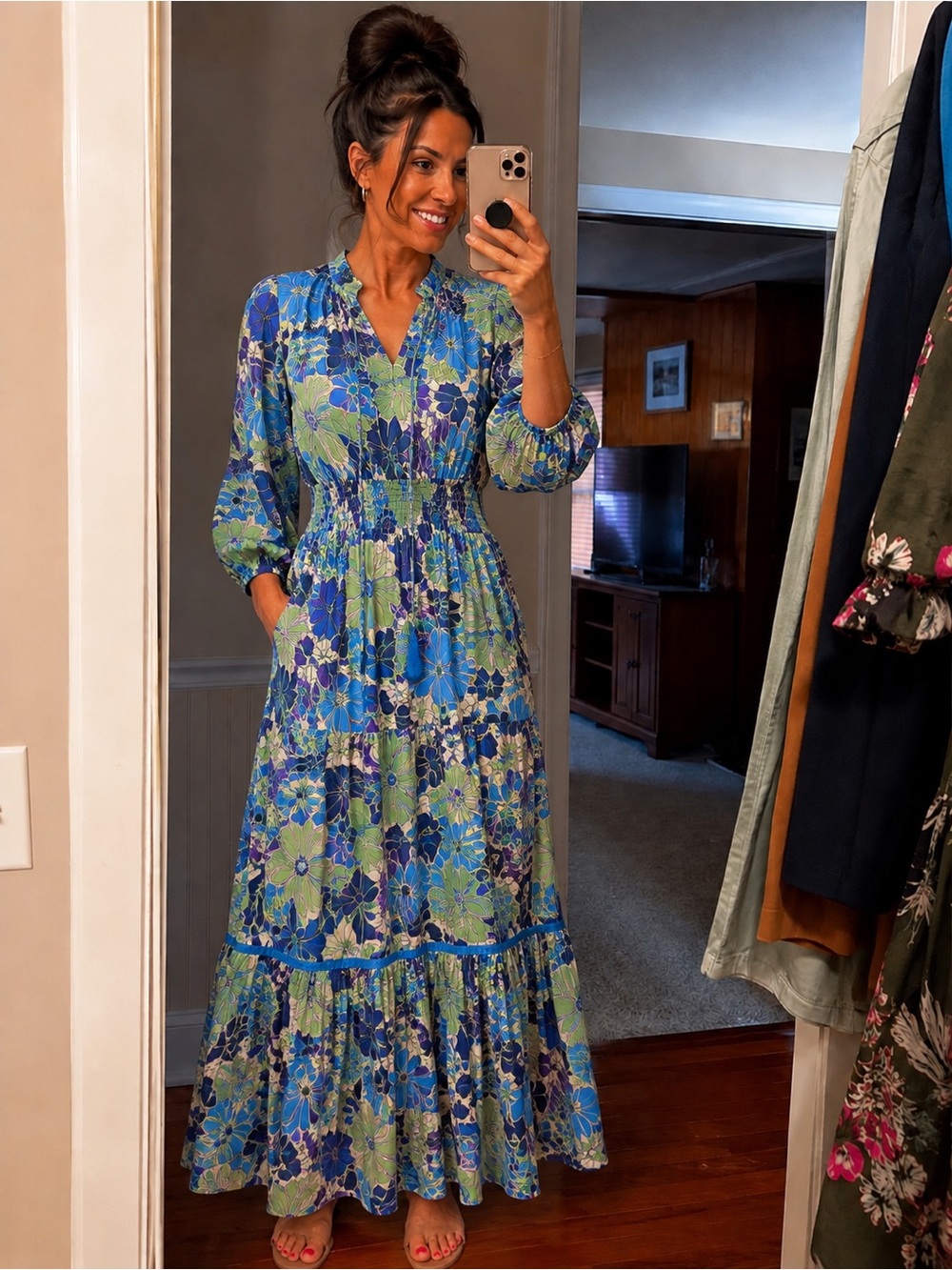 entro Blue and Green Floral Tiered Maxi Dress